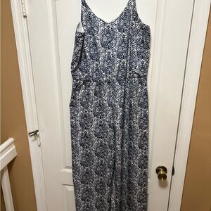 Navy Blue and White Floral Wide-Leg Jumpsuit